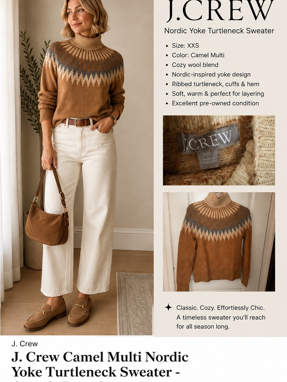 J. Crew Camel Multi Nordic Yoke Turtleneck Sweater - Camel, Gray, Cream